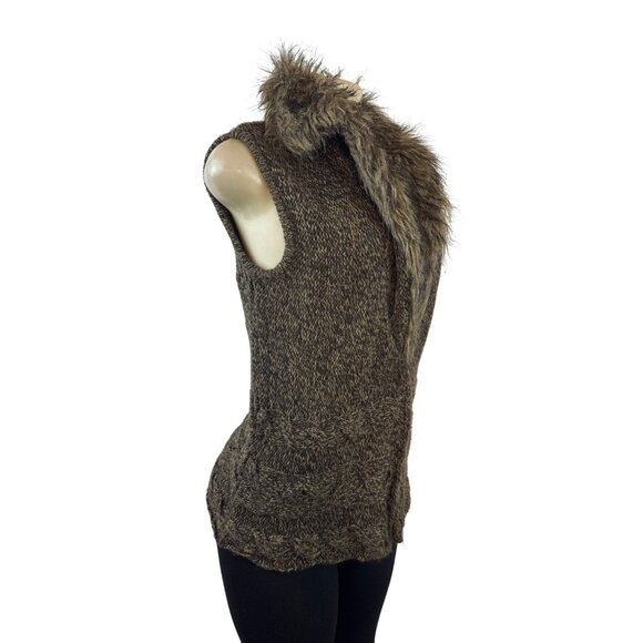 Linda Matthews Faux Fur Trim Sweater Vest Brown Sleeveless Soft Knit Womens Sz S - Picture 2 of 8